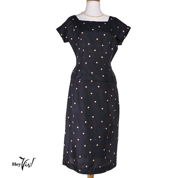 Vintage 50s Fitted Sheath Dress - Navy Silk Polka Dot - Metal Zip - S - Hey Viv - Picture 1 of 7